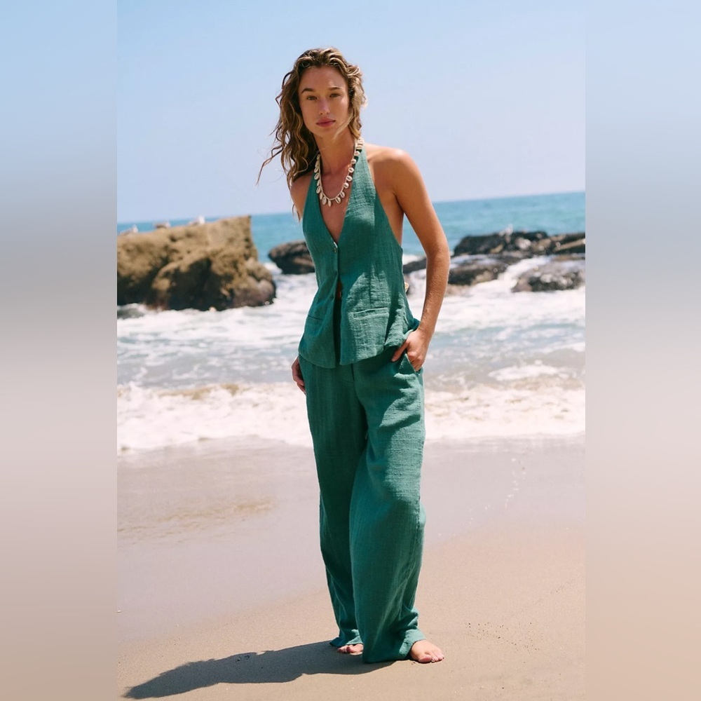 Free People Teal Green Linen Halter and Trouser